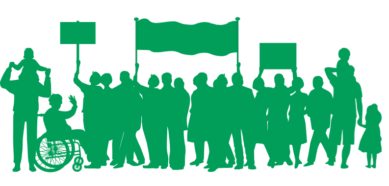 Abstracte tekening in het groen met groep mensen met spandoek en pancartes op een betoging.